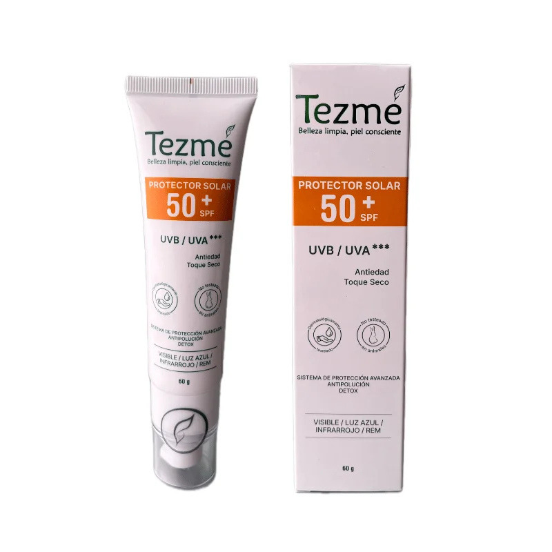 Protector solar Tezmé SPF 50 toque seco en tubo y caja