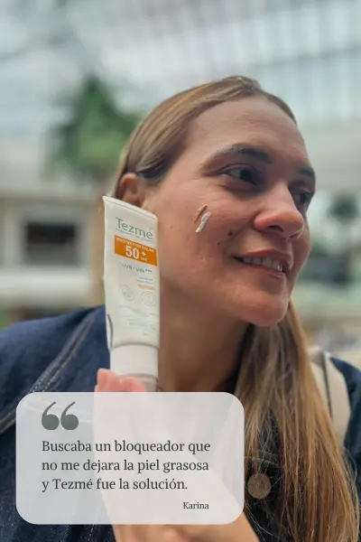 Testimonio de cliente Karina utilizando protector solar Tezmé
